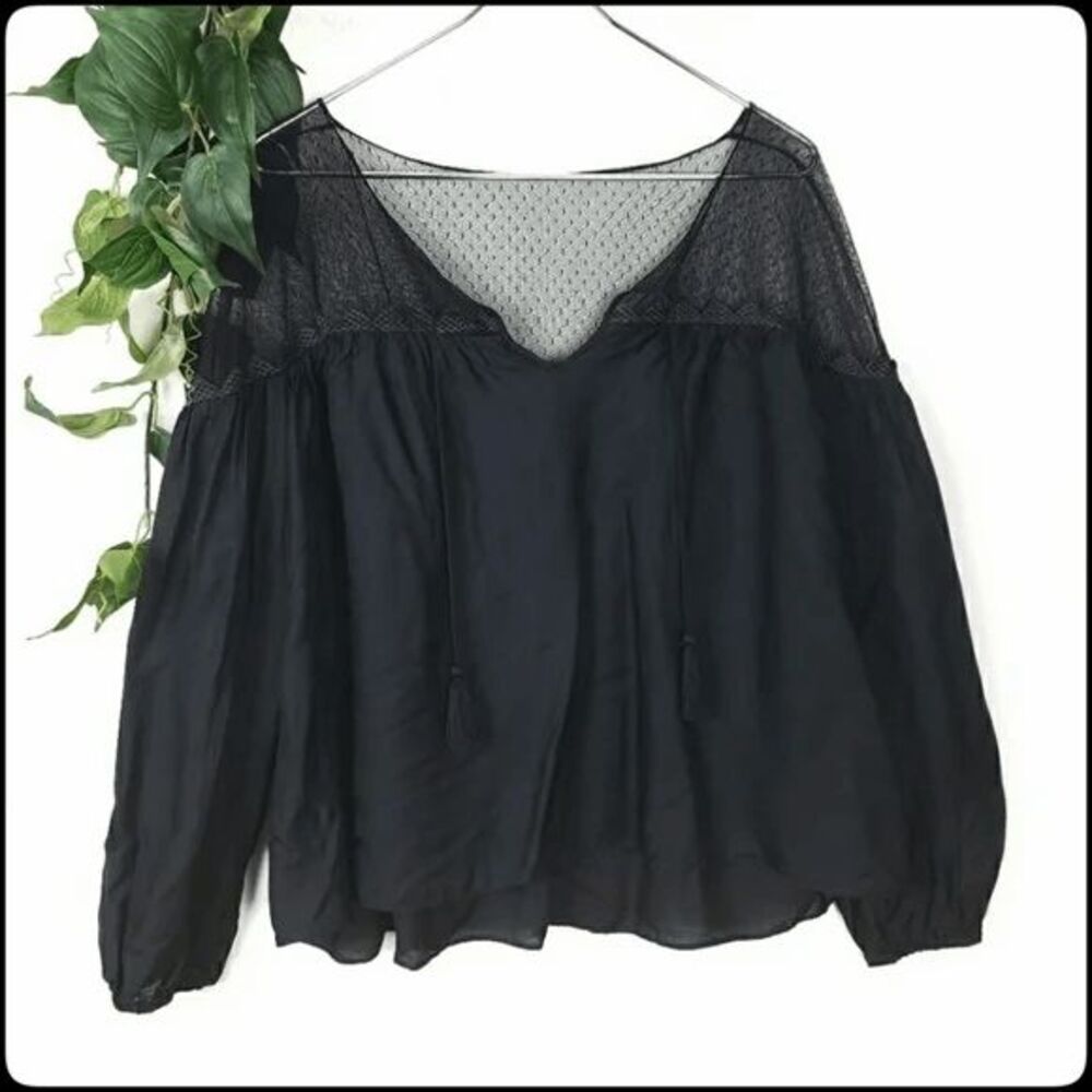 NWT Townsen Women's Peasant Top Black Piper Chiffon Tasseled Size: Small